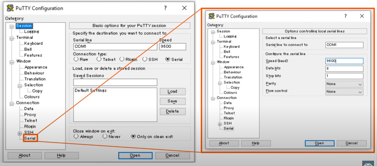 Putty connection config and default settings