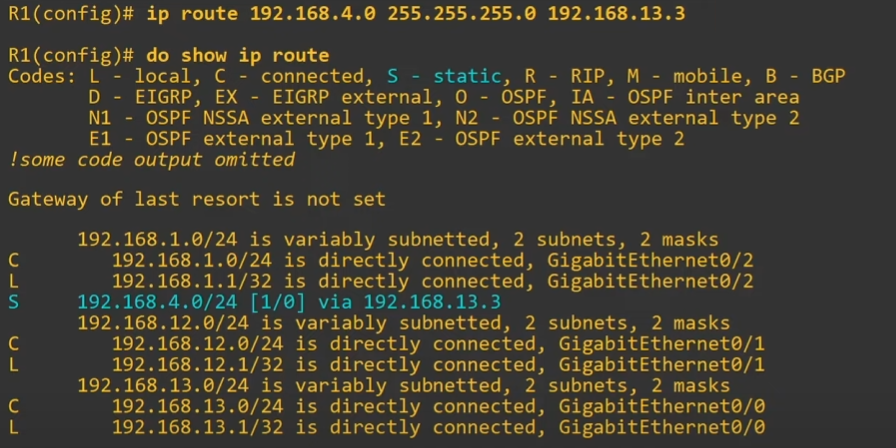 R1 - Adding IP route for PC4's network with next-hop R3