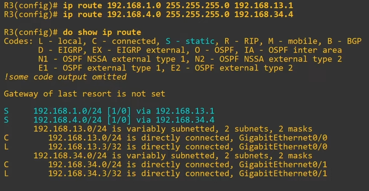 R3 - Adding IP route for PC4's network with next-hop R4 and PC1 network with next-hop R1