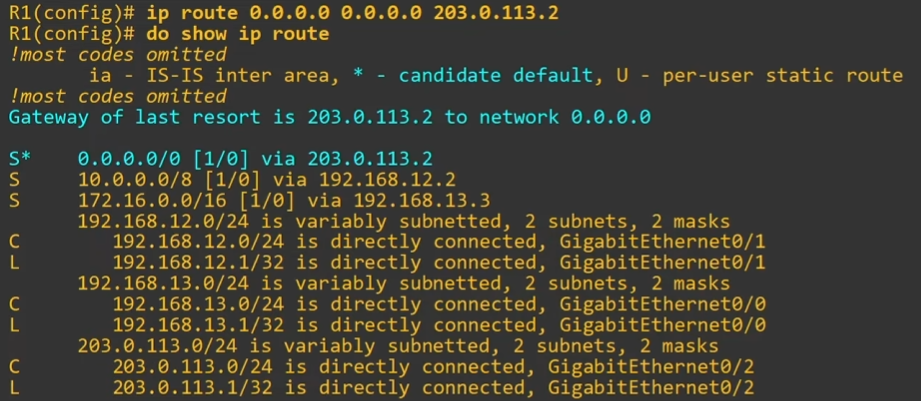 R1's routing table after configuring default gateway